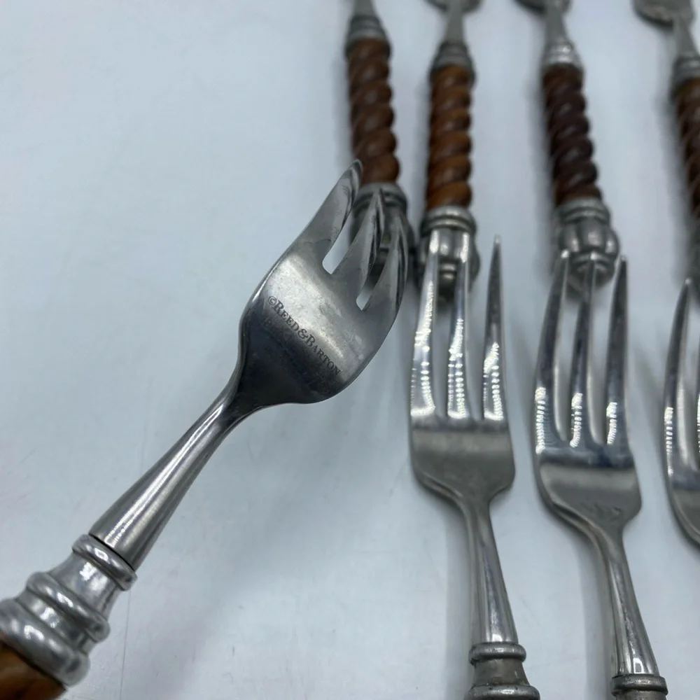 Reed and Barton Bannister Appetizer Forks Set Of 8 Brown Swirl Handle - Picture 4 of 5